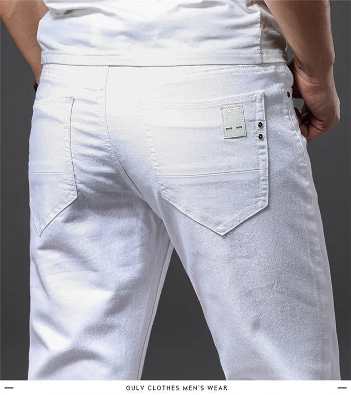 Men White Casual Jeans Classic Style Slim Fit Soft Trousers