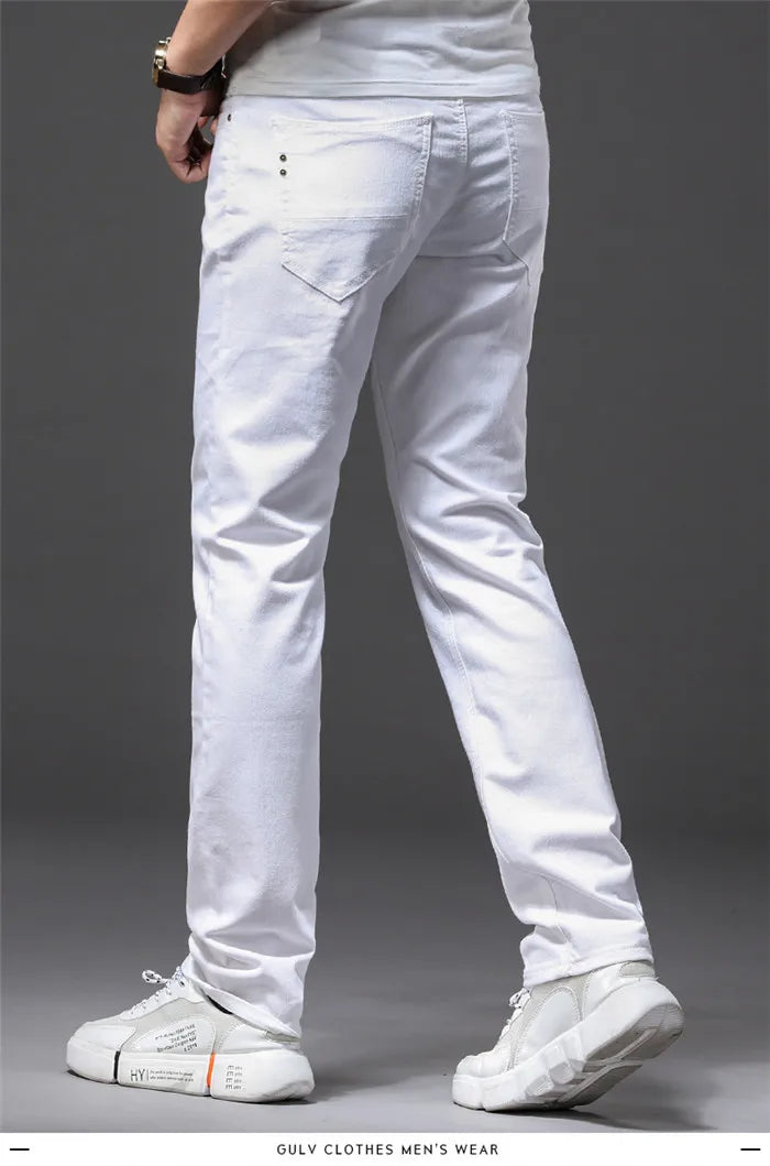 Men White Casual Jeans Classic Style Slim Fit Soft Trousers