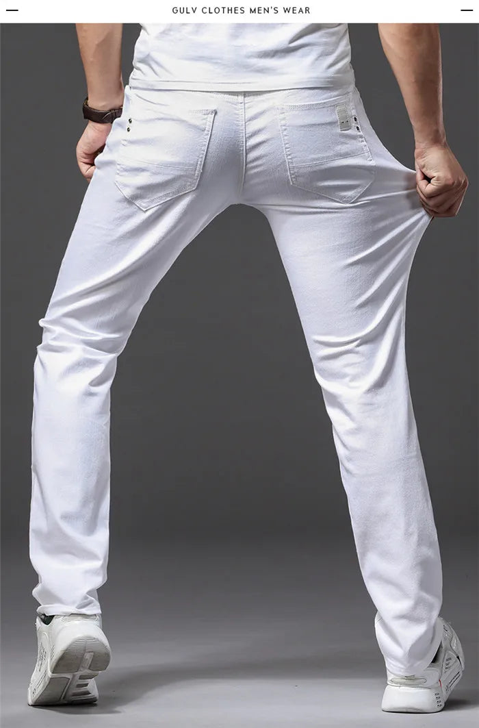 Men White Casual Jeans Classic Style Slim Fit Soft Trousers