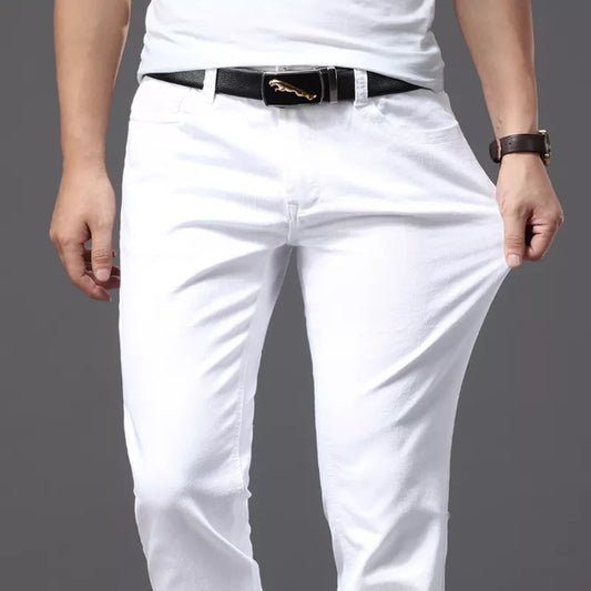 Men White Casual Jeans Classic Style Slim Fit Soft Trousers