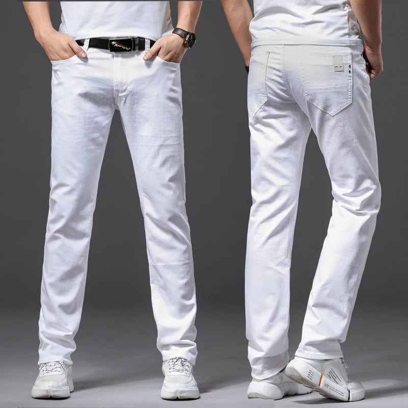 Men White Casual Jeans Classic Style Slim Fit Soft Trousers