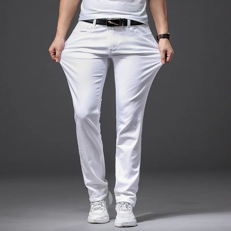 Men White Casual Jeans Classic Style Slim Fit Soft Trousers