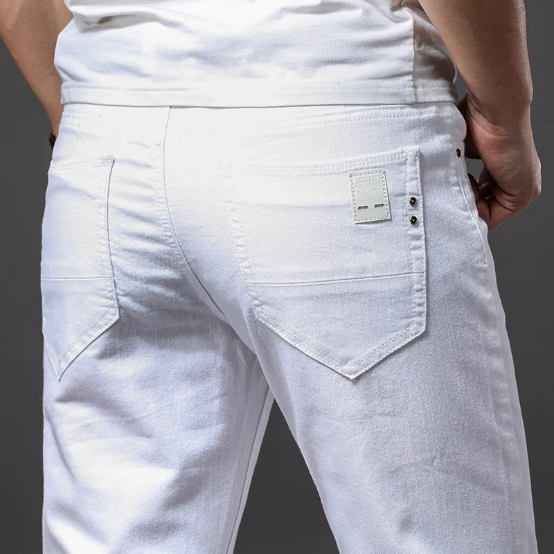 Men White Casual Jeans Classic Style Slim Fit Soft Trousers