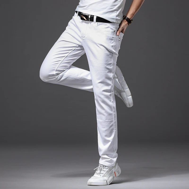 Men White Casual Jeans Classic Style Slim Fit Soft Trousers