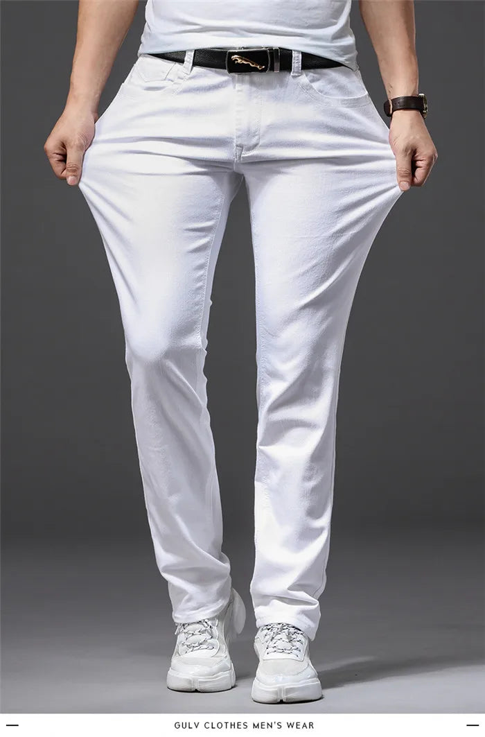 Men White Casual Jeans Classic Style Slim Fit Soft Trousers