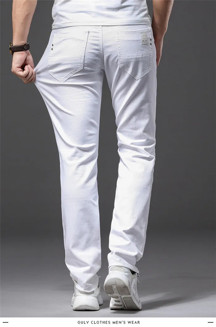 Men White Casual Jeans Classic Style Slim Fit Soft Trousers