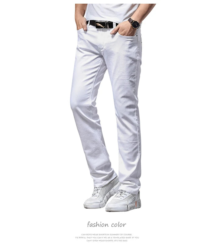 Men White Casual Jeans Classic Style Slim Fit Soft Trousers