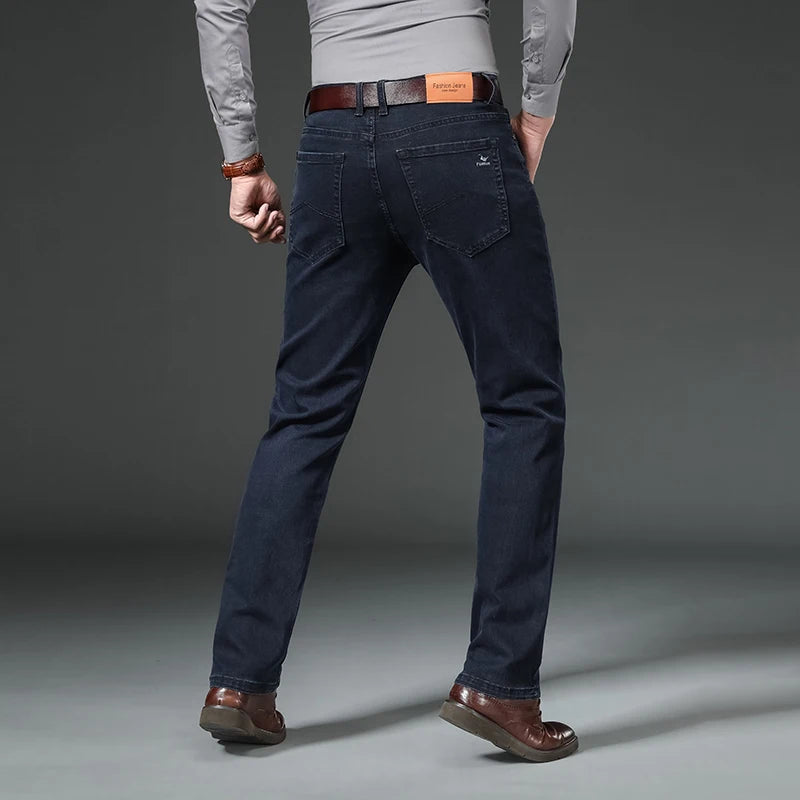 Men's Autumn Winter Thick Jeans Classic Style Stretch