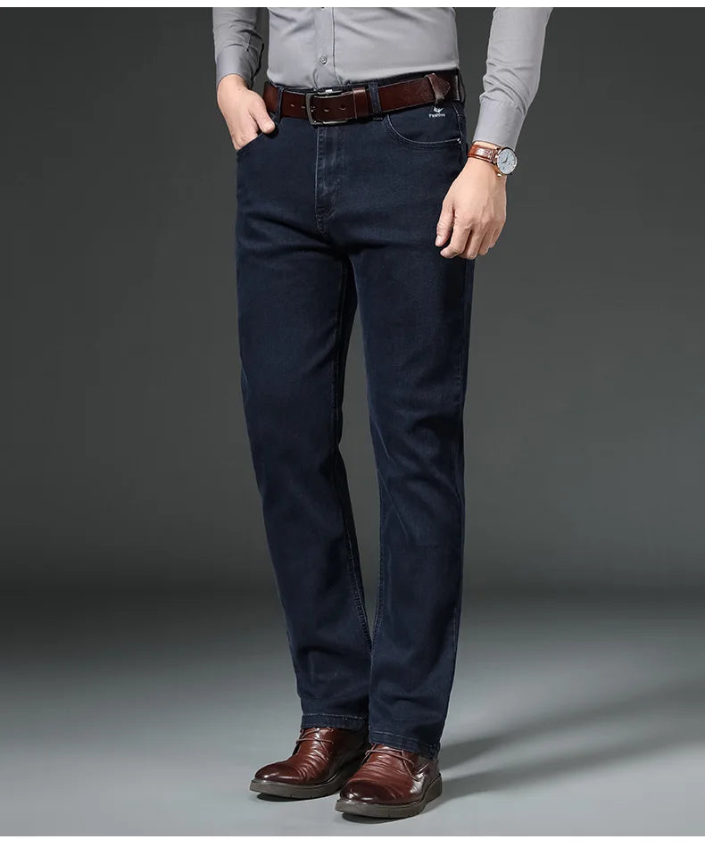 Men's Autumn Winter Thick Jeans Classic Style Stretch