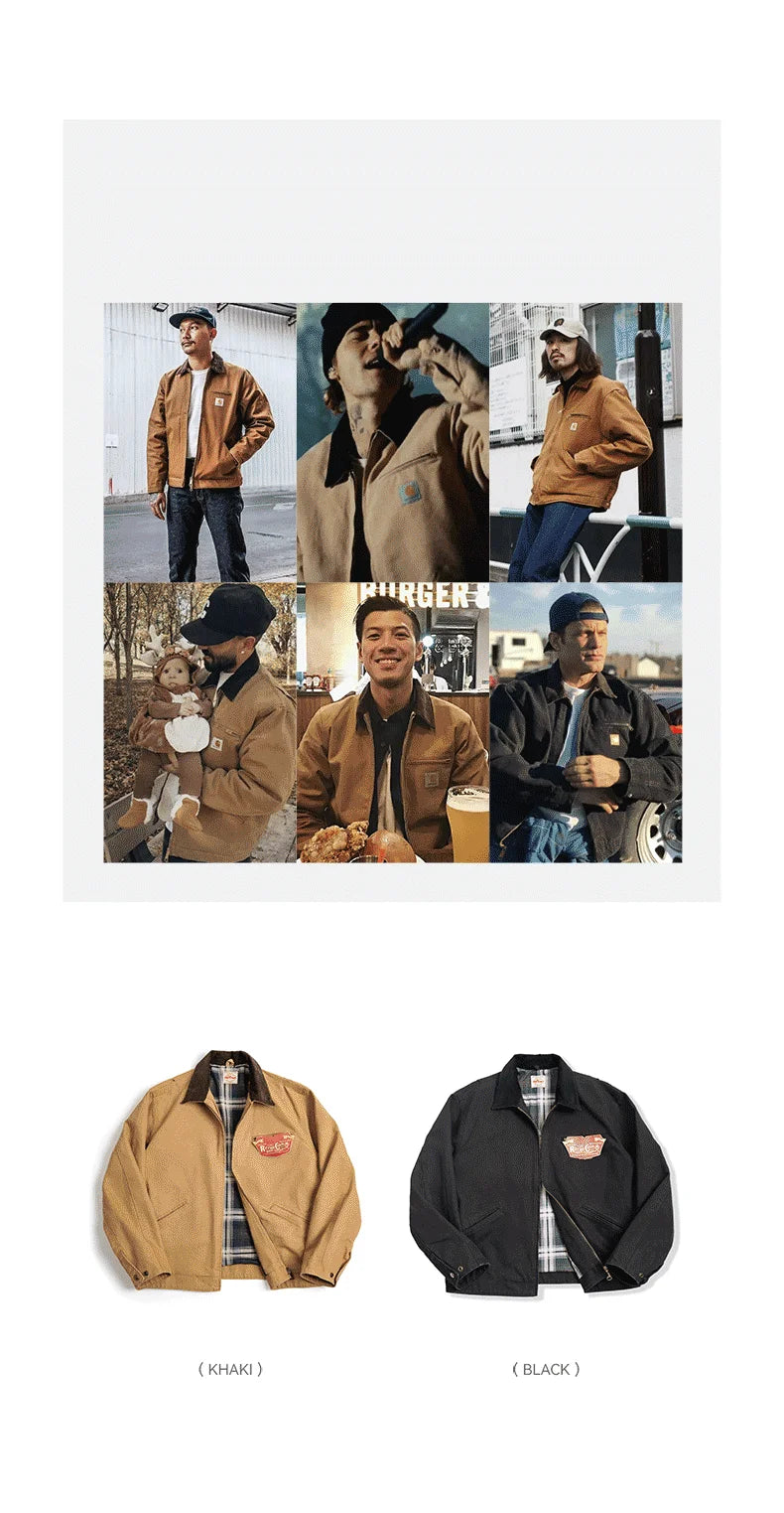 Retro Canvas Detroit Hunting  Jacket with Heavyweight Cotton Pockets Design Lapel Collar Zipper Coat for Men's Autumn