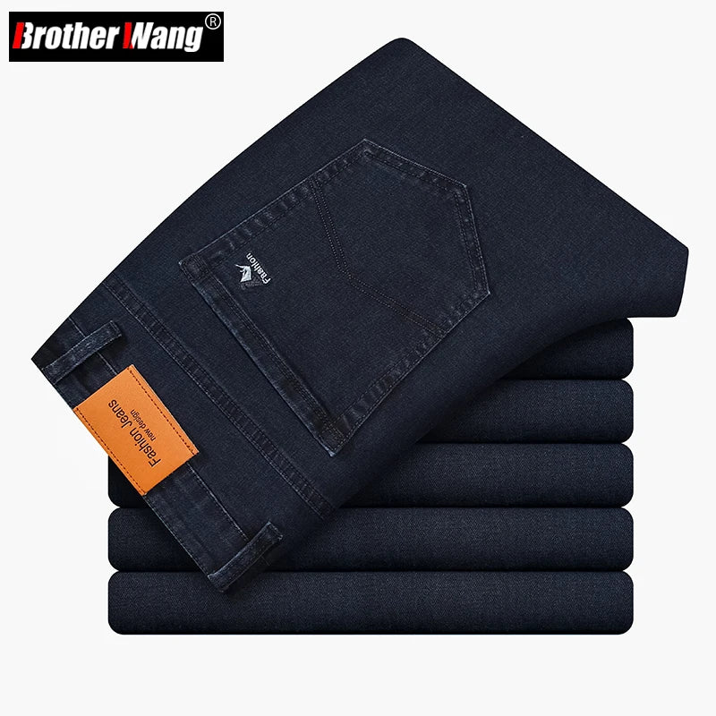 Men's Autumn Winter Thick Jeans Classic Style Stretch