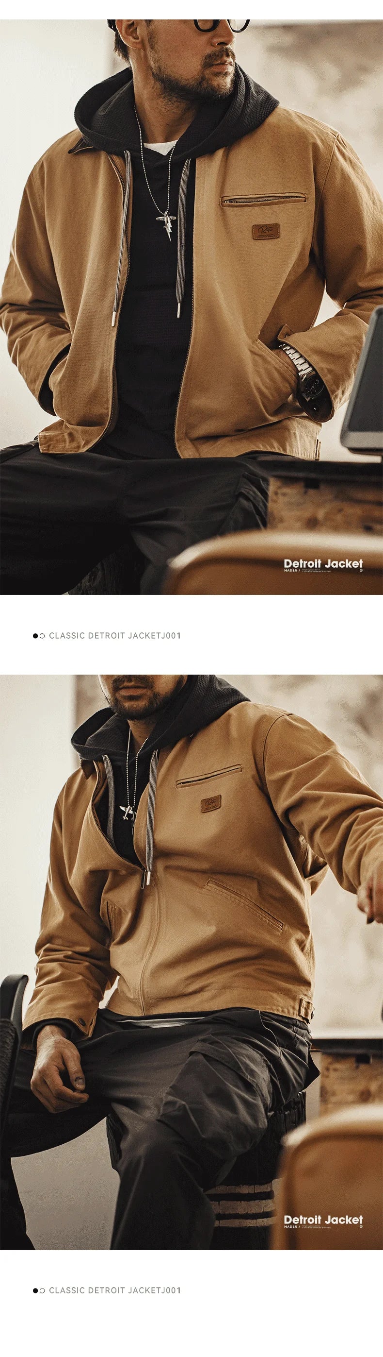 Retro Canvas Detroit Hunting  Jacket with Heavyweight Cotton Pockets Design Lapel Collar Zipper Coat for Men's Autumn