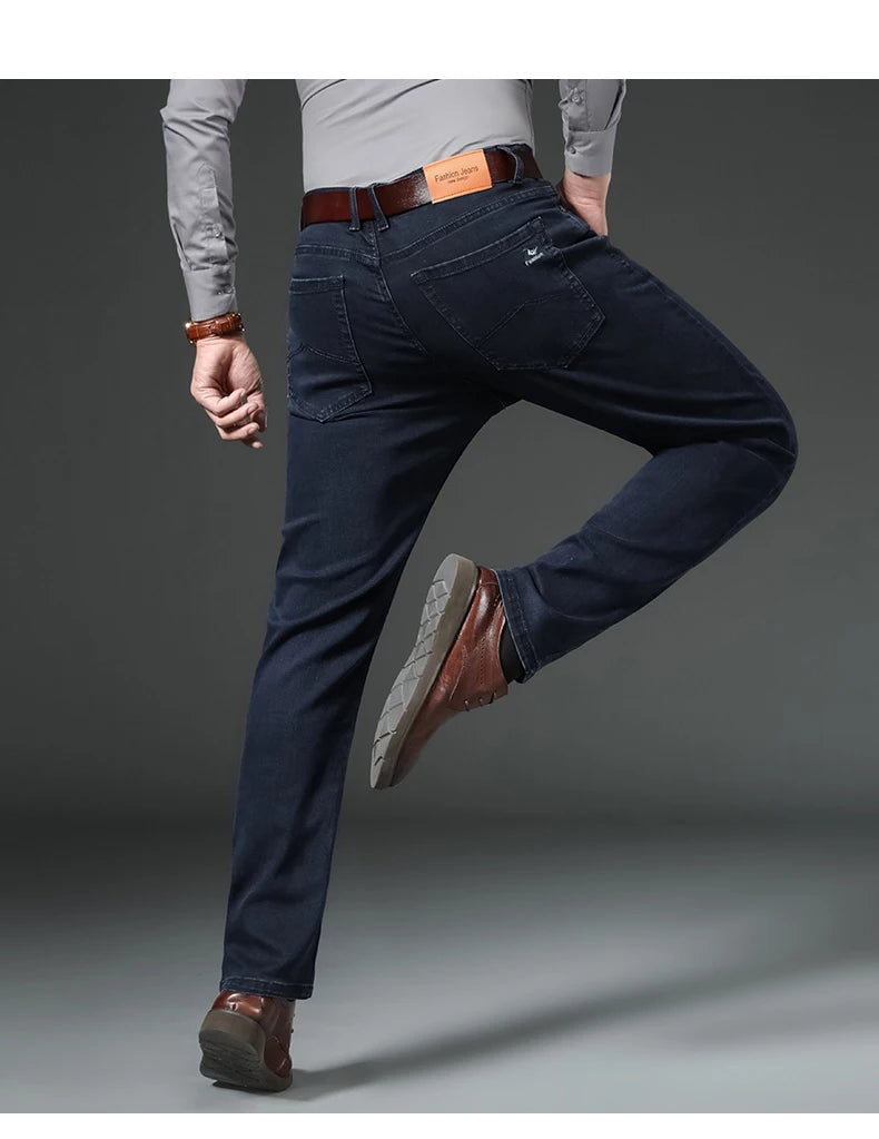 Men's Autumn Winter Thick Jeans Classic Style Stretch